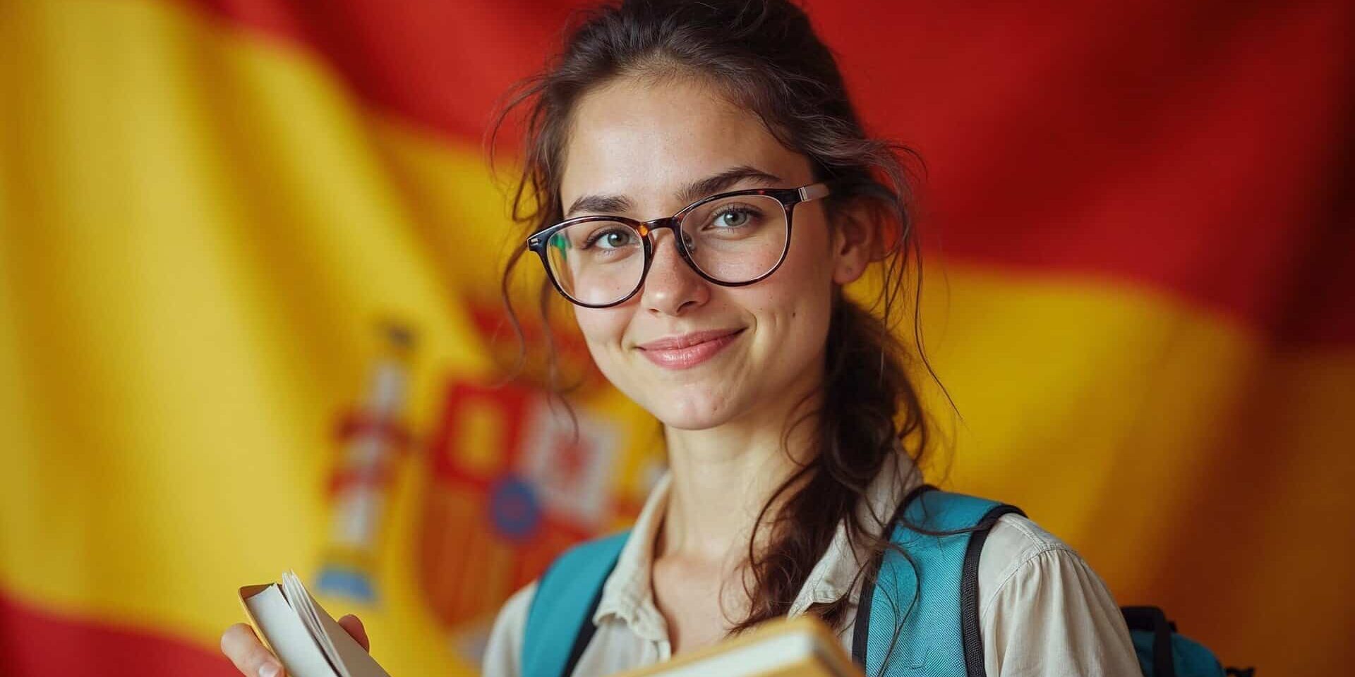 young-woman-wearing-glasses-holding-books-with-flag-spain-learn-studying young-woman-wearing-glasses-holding-books-with-flag-spain-learn-studying